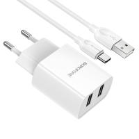 Сетевое зарядное устройство BOROFONE BA53A Powerway 2xUSB с Кабелем USB - Type-C, 2.1A, белый