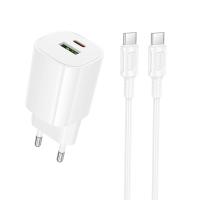 Сетевое зарядное устройство BOROFONE BA104A Pudding 1xUSB + 1xUSB-C с Кабелем Type-C - Type-C, 3A, 20W, белый
