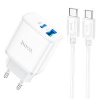 Сетевое зарядное устройство HOCO C105A Stage 1xUSB + 1xUSB-C с Кабелем Type-C - Type-C, 3A, 20W, белый оптом Сетевое зарядное устройство HOCO C105A Stage 1xUSB + 1xUSB-C с Кабелем Type-C - Type-C, 3A, 20W, белый