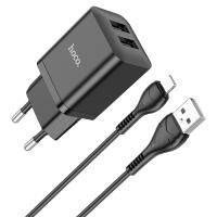 Сетевое зарядное устройство HOCO N25 Maker 2xUSB с Кабелем USB - Lightning, 2.1A, 10W, черный