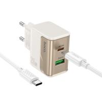 Сетевое зарядное устройство HOCO CS71A Star 1xUSB + 1xUSB-C с Кабелем Type-C - Type-C, 3A, 20W, белый оптом Сетевое зарядное устройство HOCO CS71A Star 1xUSB + 1xUSB-C с Кабелем Type-C - Type-C, 3A, 20W, белый