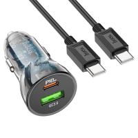 Автомобильное зарядное устройство HOCO Z47A Transparent Discovery, 1xUSB + 1xUSB-C с Кабелем Type-C - Type-C, 3A, 20W, темно-прозрачный