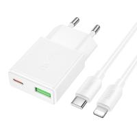 Сетевое зарядное устройство HOCO N73 Speed 1xUSB + 1xUSB-C с Кабелем Type-C - Lightning, 3A, 20W, белый оптом Сетевое зарядное устройство HOCO N73 Speed 1xUSB + 1xUSB-C с Кабелем Type-C - Lightning, 3A, 20W, белый