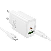 Сетевое зарядное устройство HOCO N61 Gentle 1xUSB + 1xUSB-C с Кабелем Type-C - Type-C, 3A, 20W, белый оптом Сетевое зарядное устройство HOCO N61 Gentle 1xUSB + 1xUSB-C с Кабелем Type-C - Type-C, 3A, 20W, белый
