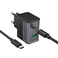 Сетевое зарядное устройство HOCO CS71A Star 1xUSB + 1xUSB-C с Кабелем Type-C - Type-C, 3A, 20W, черный оптом Сетевое зарядное устройство HOCO CS71A Star 1xUSB + 1xUSB-C с Кабелем Type-C - Type-C, 3A, 20W, черный