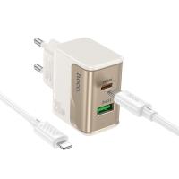 Сетевое зарядное устройство HOCO CS71A Star 1xUSB + 1xUSB-C с Кабелем Type-C - Lightning, 3A, 20W, белый оптом Сетевое зарядное устройство HOCO CS71A Star 1xUSB + 1xUSB-C с Кабелем Type-C - Lightning, 3A, 20W, белый