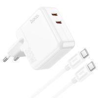 Сетевое зарядное устройство HOCO C110A  Lucky 2xUSB-C с Кабелем Type-C - Type-C, 3A, 35W, белый