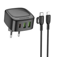 Сетевое зарядное устройство BOROFONE BAS23A Lucky 1xUSB + 2xUSB-C с Кабелем Type-C - Lightning, 3A, 30W, черный