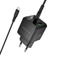 Сетевое зарядное устройство BOROFONE BN19 Intenso 1xUSB + 1xUSB-C с Кабелем Type-C - Type-C, 3A, 20W, черный