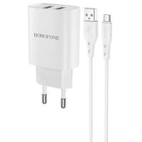 Сетевое зарядное устройство BOROFONE BN2 super fast 2xUSB с Кабелем USB - Micro, 2.1A, белый
