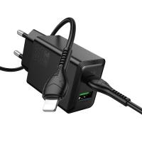 Сетевое зарядное устройство HOCO N71 Nuevo 1xUSB + 1xUSB-C с Кабелем Type-C - Lightning, 3A, 30W, черный оптом Сетевое зарядное устройство HOCO N71 Nuevo 1xUSB + 1xUSB-C с Кабелем Type-C - Lightning, 3A, 30W, черный