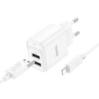 Сетевое зарядное устройство HOCO C141A Smart 2xUSB с Кабелем USB - Lightning, 2.1A, белый оптом Сетевое зарядное устройство HOCO C141A Smart 2xUSB с Кабелем USB - Lightning, 2.1A, белый