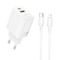 Сетевое зарядное устройство BOROFONE BN27 Fuente 1xUSB + 1xUSB-C с Кабелем Type-C - Lightning, 3A, 20W, белый