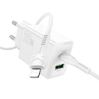 Сетевое зарядное устройство HOCO N69 Nuevo 1xUSB + 1xUSB-C с Кабелем Type-C - Lightning, 3A, 20W, белый оптом Сетевое зарядное устройство HOCO N69 Nuevo 1xUSB + 1xUSB-C с Кабелем Type-C - Lightning, 3A, 20W, белый