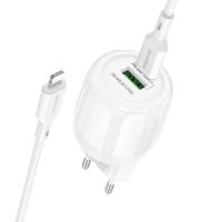 Сетевое зарядное устройство BOROFONE BA93A Lustrous 1xUSB + 1xUSB-C с Кабелем Type-C - Lightning, 3A, 20W, белый