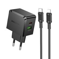 Сетевое зарядное устройство BOROFONE BAS61A Smart 1xUSB + 1xUSB-C с Кабелем Type-C - Lightning, 3A, 30W, черный