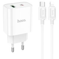 Сетевое зарядное устройство HOCO C80A Plus 1xUSB + 1xUSB-C с Кабелем Type-C - Lightning, 3.0A, 20W, белый