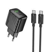 Сетевое зарядное устройство HOCO CS25A Rico 1xUSB + 1xUSB-C с Кабелем Type-C - Type-C, 3A, 20W, черный оптом Сетевое зарядное устройство HOCO CS25A Rico 1xUSB + 1xUSB-C с Кабелем Type-C - Type-C, 3A, 20W, черный