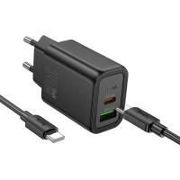 Сетевое зарядное устройство HOCO N63 Gentle 1xUSB + 1xUSB-C с Кабелем Type-C - Type-C, 3A, 30W, черный оптом Сетевое зарядное устройство HOCO N63 Gentle 1xUSB + 1xUSB-C с Кабелем Type-C - Type-C, 3A, 30W, черный