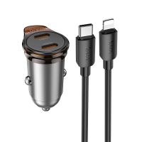 Автомобильное зарядное устройство HOCO NZ16 Rigorous, 1xUSB-C с Кабелем Type-C - Lightning, 30W, серый металлик оптом Автомобильное зарядное устройство HOCO NZ16 Rigorous, 1xUSB-C с Кабелем Type-C - Lightning, 30W, серый металлик