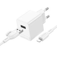 Сетевое зарядное устройство BOROFONE BAS11A Erudite 1xUSB с Кабелем USB - Lightning, 2.1A, белый