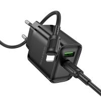 Сетевое зарядное устройство BOROFONE BA83A Flare star 1xUSB + 1xUSB-C с Кабелем Type-C - Lightning, 3A, 20W, черный