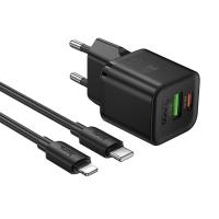 Сетевое зарядное устройство HOCO N65 Ingenious 1xUSB + 1xUSB-C с Кабелем Type-C - Lightning, 3A, 20W, черный оптом Сетевое зарядное устройство HOCO N65 Ingenious 1xUSB + 1xUSB-C с Кабелем Type-C - Lightning, 3A, 20W, черный