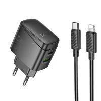 Сетевое зарядное устройство HOCO CS61A Bright 1xUSB + 1xUSB-C с Кабелем Type-C - Lightning, 3A, 30W, черный оптом Сетевое зарядное устройство HOCO CS61A Bright 1xUSB + 1xUSB-C с Кабелем Type-C - Lightning, 3A, 30W, черный