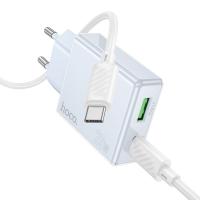 Сетевое зарядное устройство HOCO C142A Direct 1xUSB + 1xUSB-C с Кабелем Type-C - Type-C, 3A, 20W, синий оптом Сетевое зарядное устройство HOCO C142A Direct 1xUSB + 1xUSB-C с Кабелем Type-C - Type-C, 3A, 20W, синий