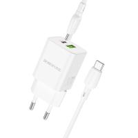 Сетевое зарядное устройство BOROFONE BN14 Royal 1xUSB + 1xUSB-C с Кабелем Type-C - Type-C, 3A, 30W, белый