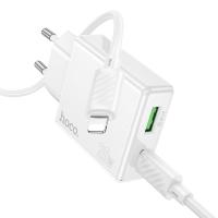 Сетевое зарядное устройство HOCO C142A Direct 1xUSB + 1xUSB-C с Кабелем Type-C - Lightning, 3A, 20W, белый оптом Сетевое зарядное устройство HOCO C142A Direct 1xUSB + 1xUSB-C с Кабелем Type-C - Lightning, 3A, 20W, белый