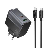 Сетевое зарядное устройство HOCO CS74A Star 1xUSB + 1xUSB-C с Кабелем Type-C - Type-C, 45W, черный оптом Сетевое зарядное устройство HOCO CS74A Star 1xUSB + 1xUSB-C с Кабелем Type-C - Type-C, 45W, черный