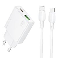 Сетевое зарядное устройство BOROFONE BN24 Wish 1xUSB + 1xUSB-C с Кабелем Type-C - Type-C, 3A, 20W, белый