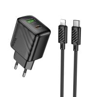 Сетевое зарядное устройство HOCO CS25A Rico 1xUSB + 1xUSB-C с Кабелем Type-C - Lightning, 3A, 20W, черный оптом Сетевое зарядное устройство HOCO CS25A Rico 1xUSB + 1xUSB-C с Кабелем Type-C - Lightning, 3A, 20W, черный