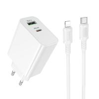 Сетевое зарядное устройство BOROFONE BA108A Stellar 1xUSB + 1xUSB-C с Кабелем Type-C - Lightning, 3A, 30W, белый
