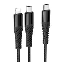 Кабель USB-C HOCO X123 Victory 2 в 1 Type-C - Type-C + Lightning, 5V/3A, 1 м, черный