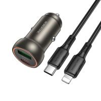 Автомобильное зарядное устройство BOROFONE BZ32A Fresh, 1xUSB + 1xUSB-C с Кабелем Type-C - Lightning, 3A, 30W, золотой