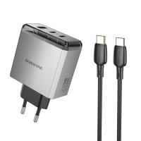 Сетевое зарядное устройство BOROFONE BN22 Lena 1xUSB + 2xUSB-C с Кабелем Type-C - Type-C, 3A, 65W, серый металлик