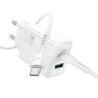 Сетевое зарядное устройство HOCO N71 Nuevo 1xUSB + 1xUSB-C с Кабелем Type-C - Type-C, 3A, 30W, белый оптом Сетевое зарядное устройство HOCO N71 Nuevo 1xUSB + 1xUSB-C с Кабелем Type-C - Type-C, 3A, 30W, белый