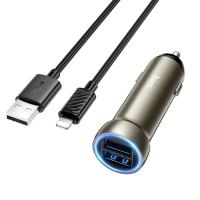 Автомобильное зарядное устройство HOCO Z54 Prosperous, 2xUSB с Кабелем USB - Lightning, 3.1A, 15.5W, золотой оптом Автомобильное зарядное устройство HOCO Z54 Prosperous, 2xUSB с Кабелем USB - Lightning, 3.1A, 15.5W, золотой