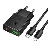 Сетевое зарядное устройство HOCO N73 Speed 1xUSB + 1xUSB-C с Кабелем Type-C - Lightning, 3A, 20W, черный оптом Сетевое зарядное устройство HOCO N73 Speed 1xUSB + 1xUSB-C с Кабелем Type-C - Lightning, 3A, 20W, черный
