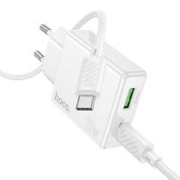 Сетевое зарядное устройство HOCO C142A Direct 1xUSB + 1xUSB-C с Кабелем Type-C - Type-C, 3A, 20W, белый оптом Сетевое зарядное устройство HOCO C142A Direct 1xUSB + 1xUSB-C с Кабелем Type-C - Type-C, 3A, 20W, белый