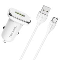 Автомобильное зарядное устройство BOROFONE BZ12A Lasting, 1xUSB с Кабелем USB - Type-C, 3A, 18W, белый