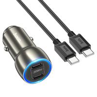 Автомобильное зарядное устройство HOCO Z48 Tough, 2xUSB-C с Кабелем Type-C - Type-C, 40W, серый металлик