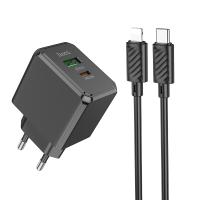 Сетевое зарядное устройство HOCO CS14A Ocean 1xUSB + 1xUSB-C с Кабелем Type-C - Lightning, 3A, 20W, черный оптом Сетевое зарядное устройство HOCO CS14A Ocean 1xUSB + 1xUSB-C с Кабелем Type-C - Lightning, 3A, 20W, черный