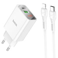 Сетевое зарядное устройство HOCO C100A 1xUSB + 1xUSB-C с Кабелем Type-C - Lightning, 3.0A, 20W, белый