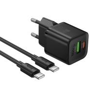 Сетевое зарядное устройство HOCO N65 Ingenious 1xUSB + 1xUSB-C с Кабелем Type-C - Type-C, 3A, 20W, черный оптом Сетевое зарядное устройство HOCO N65 Ingenious 1xUSB + 1xUSB-C с Кабелем Type-C - Type-C, 3A, 20W, черный