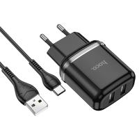 Сетевое зарядное устройство HOCO N4 Aspiring 2xUSB с Кабелем USB - Type-C, 2.4A, 10.8W, черный