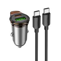 Автомобильное зарядное устройство HOCO NZ16A Rigorous, 1xUSB + 1xUSB-C с Кабелем Type-C - Type-C, 43W, серый металлик оптом Автомобильное зарядное устройство HOCO NZ16A Rigorous, 1xUSB + 1xUSB-C с Кабелем Type-C - Type-C, 43W, серый металлик