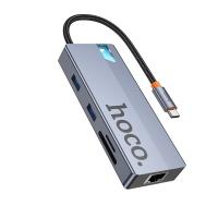 Переходник/Адаптер HOCO HB52 Wow 8 в 1 Type-C (m) - 2xUSB3.0 + Type-C PD + USB-C + HDMI + SD/TF + RJ45, 19 см, серый металлик оптом Переходник/Адаптер HOCO HB52 Wow 8 в 1 Type-C (m) - 2xUSB3.0 + Type-C PD + USB-C + HDMI + SD/TF + RJ45, 19 см, серый металлик